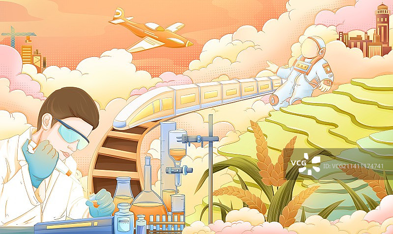 科技农业强国国潮风插画图片素材