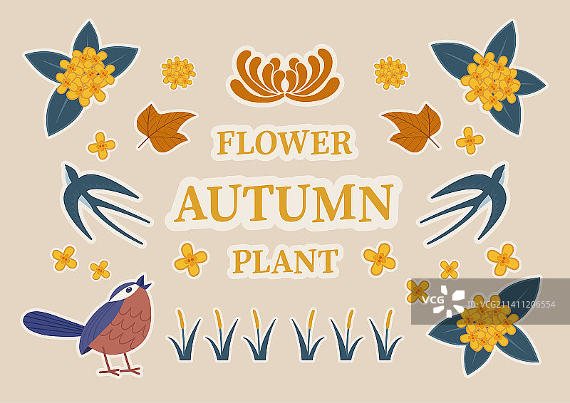 秋天花鸟扁平风贴纸1图片素材