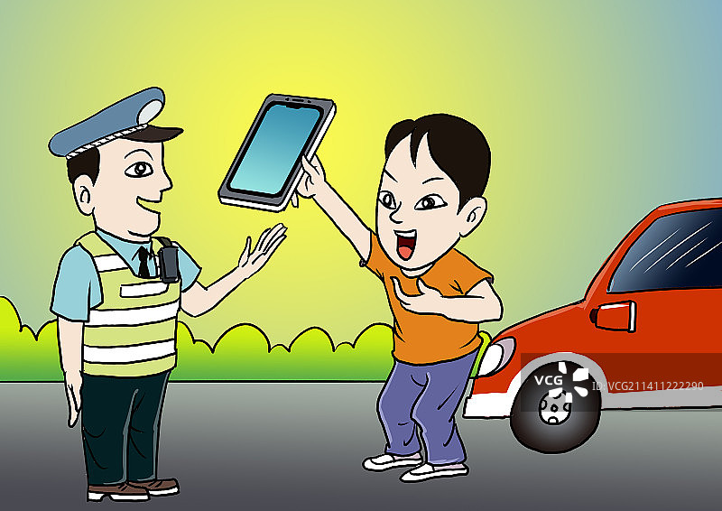 交警设卡检查，驾驶员出示电子驾照图片素材