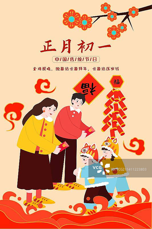 卡通节日新年春节年俗拜年大年初一 正月初一 拜年给红包 压岁钱兔年儿童扁平矢量插画海报展板模板竖版图片素材