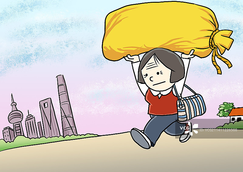 老妈带着大包土特产从老家看望都市里的子女图片素材