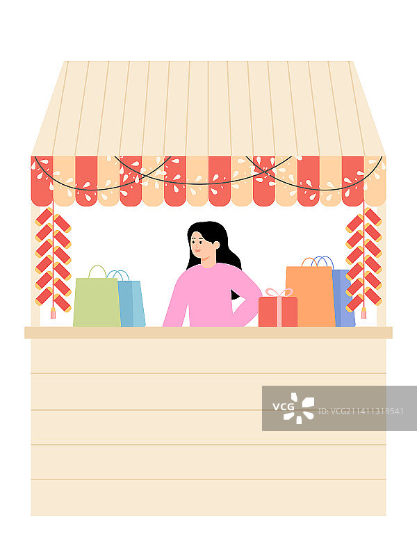 木屋商店里的女性营业员手绘插画图片素材