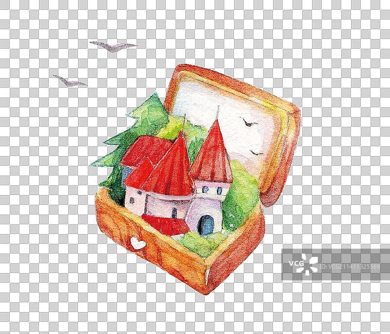 一个打开的水彩盒子装着一个魔法城堡图片素材