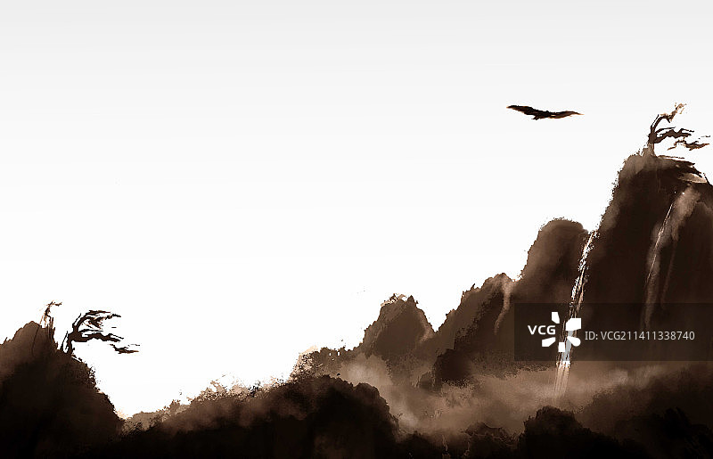 飞鹰在天空飞翔高山瀑布流水的水墨插画图片素材