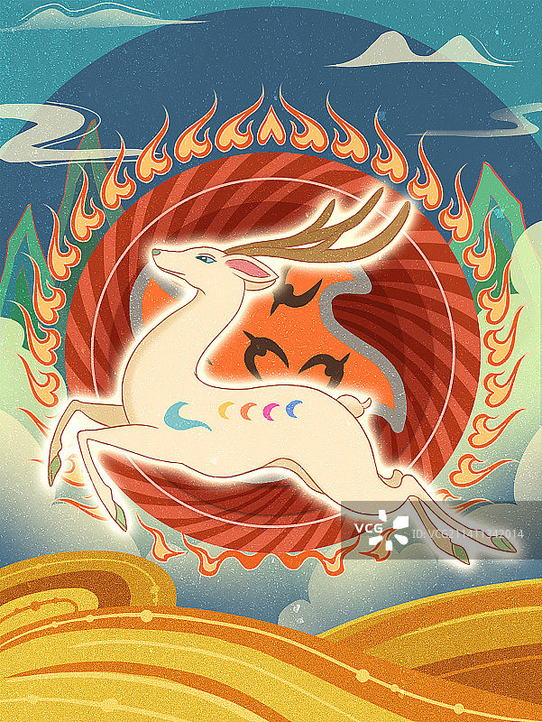 九色鹿传统卡通国潮宣传壁画风格插画图片素材