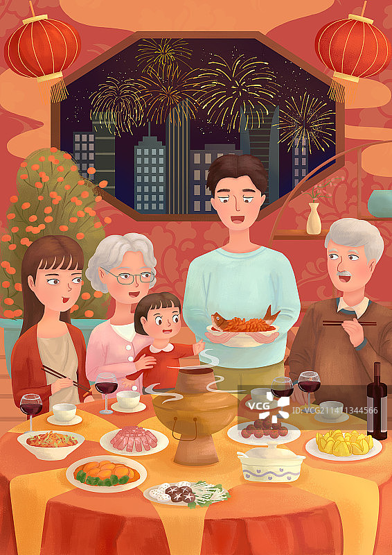 除夕夜，围坐在一起吃年夜饭的一家人图片素材
