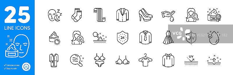 睡眠、T恤和清洁皮肤轮廓图标集图片素材