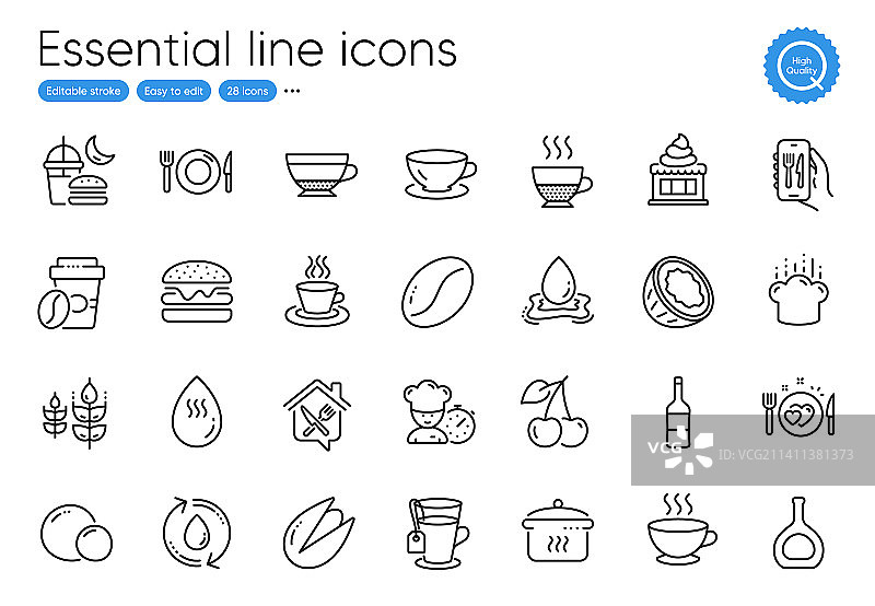 带干邑酒瓶和食物线条图标的煮锅图片素材
