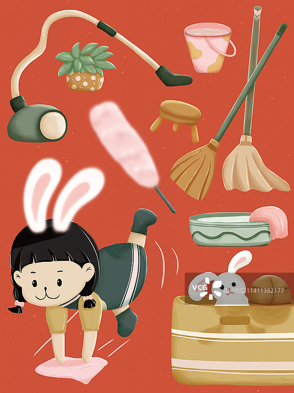 腊月二十四扫房子的小兔子女孩图片素材