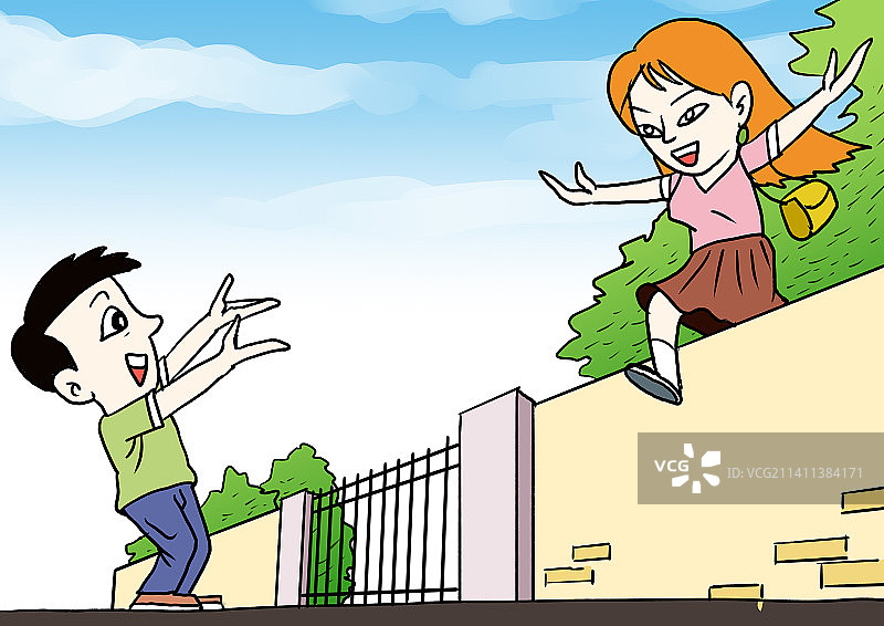 大学生跨越学校院墙约会图片素材