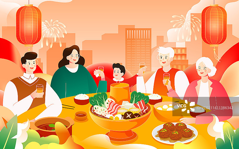 除夕夜一家人吃年夜饭2023新年春节插画图片素材