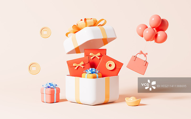 过年红包与礼物场景3D渲染图片素材