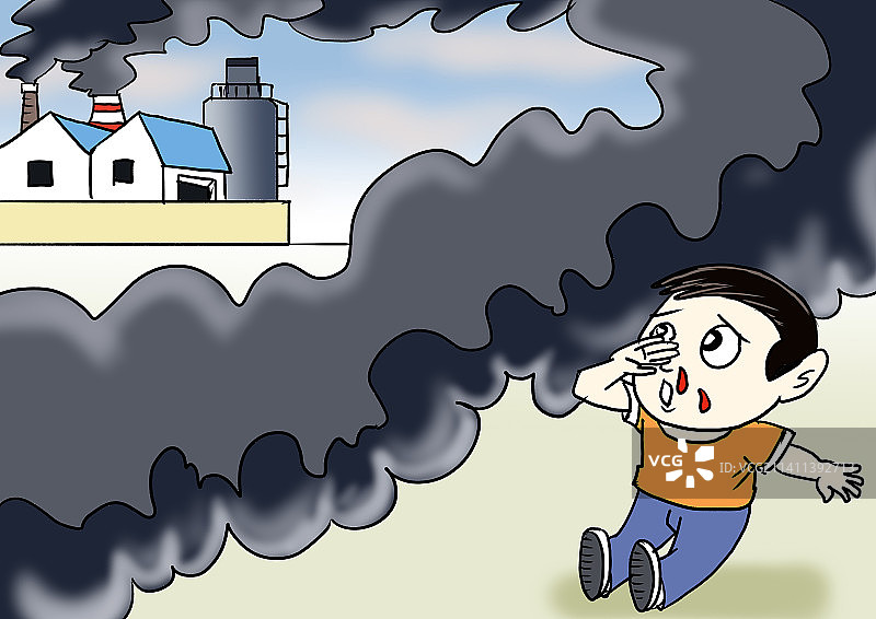 工厂排放烟气污染空气导致小孩流鼻血图片素材