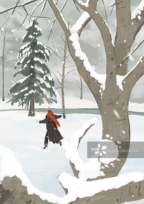 手绘大雪插画自然雪景冬天女孩跑背影大树积雪冬天插图插画图片素材