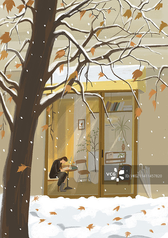 手绘下雪天大树咖啡厅女孩写字插画下雪天冬天手绘插图插画图片素材