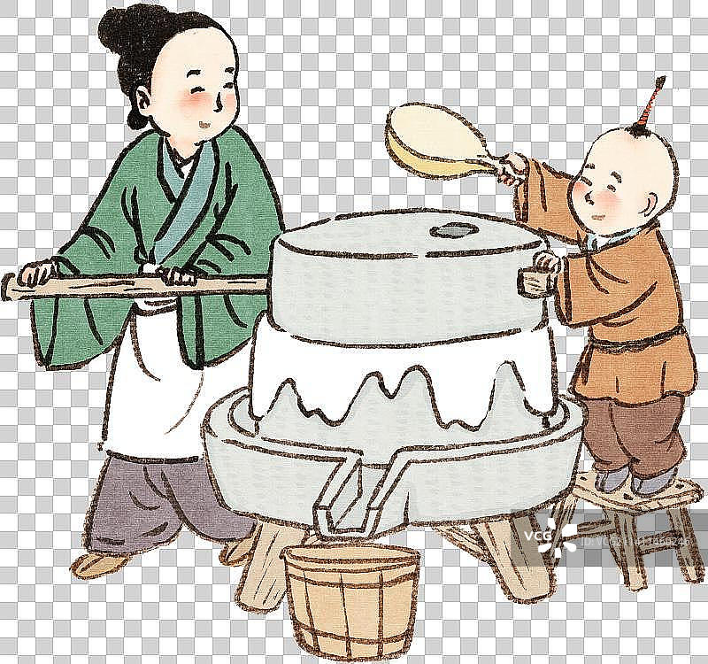 古代妈妈与儿子磨豆腐传统年俗腊月二十五元素图片素材