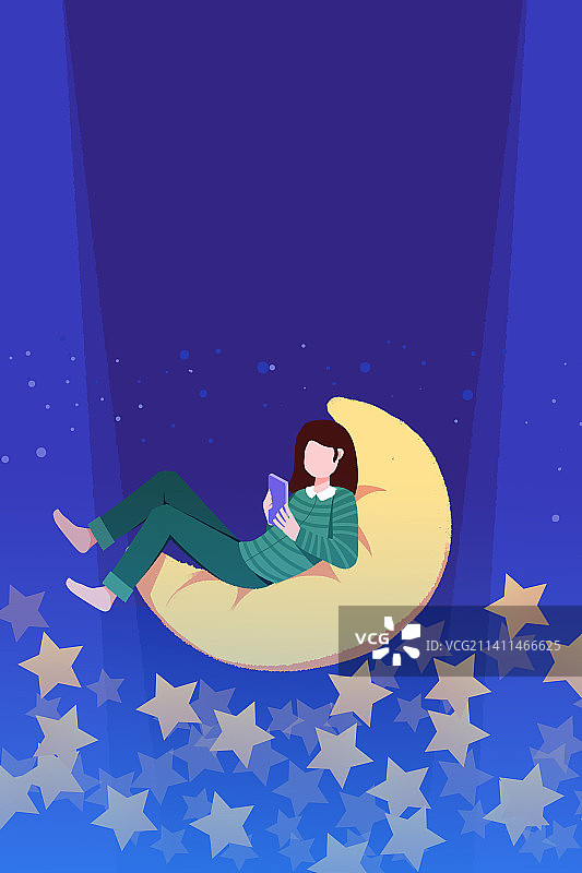 卡通手绘玩手机失眠不睡觉插画图片素材