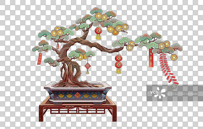 国潮风春节发财树不老松盆栽图片素材