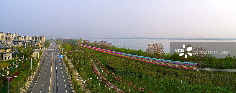 襄阳庞公新区汉江河堤沿江大道内环路风画长廊城市风光图片素材