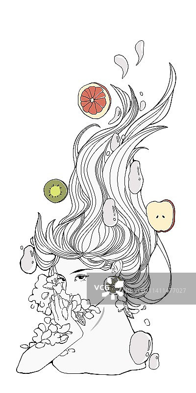 水果少女黑白稿图片素材