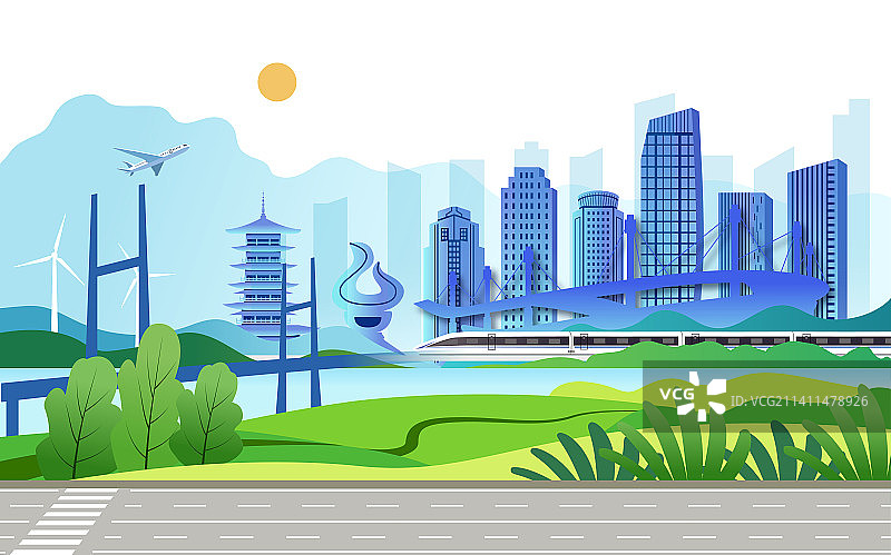 中国浙江省台州市城市天际线旅游矢量插画图片素材
