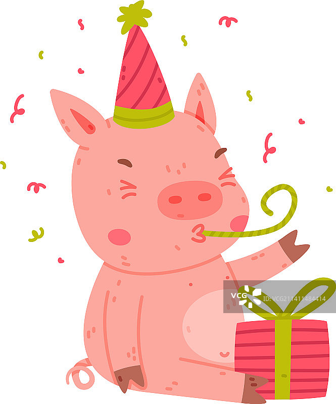 生日时蹄子上的有趣的粉红小猪角色图片素材