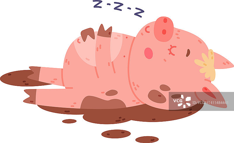 蹄子躺在泥里的有趣粉红色小猪角色图片素材
