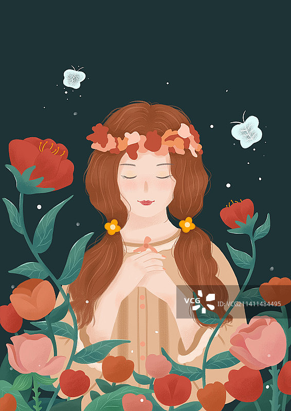 许愿的少女扁平森系插画图片素材