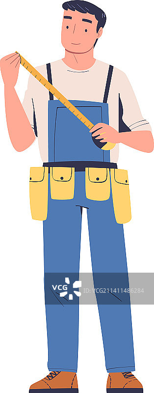 身穿蓝色工作服的维修工拿着卷尺图片素材