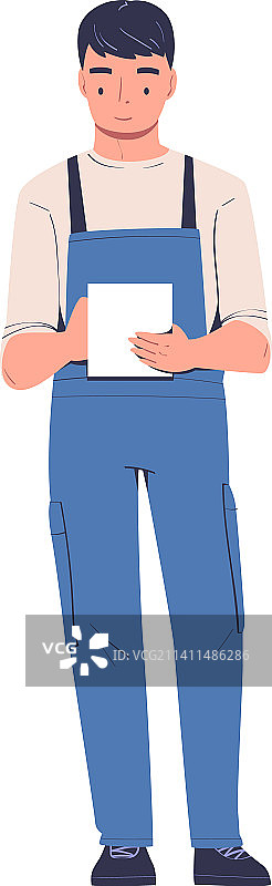 穿蓝色工装的维修工站立书写图片素材