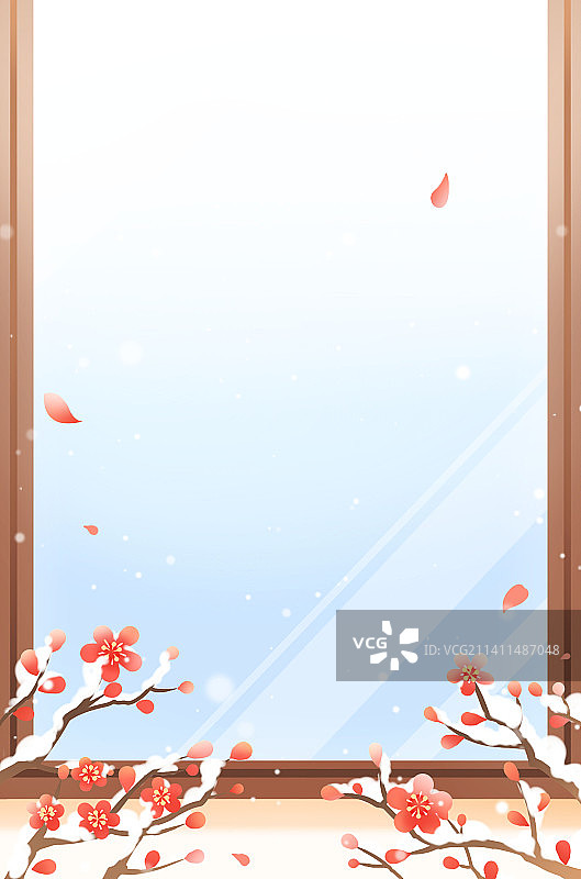 唯美清新冬季节气窗外梅花开插画图片素材