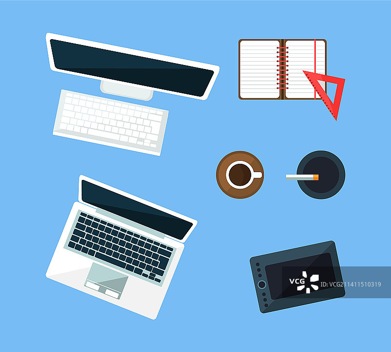 带有电脑、笔记本和平板的办公区物件图片素材