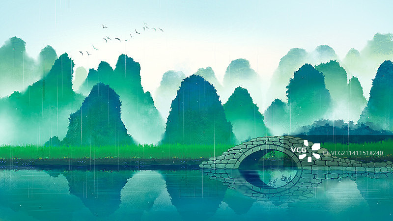 广西桂林山水雨水水墨画图片素材