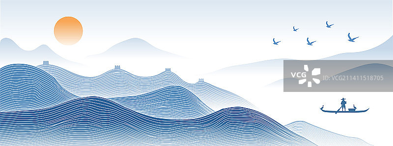 新中式国潮创意国潮山水矢量画图片素材