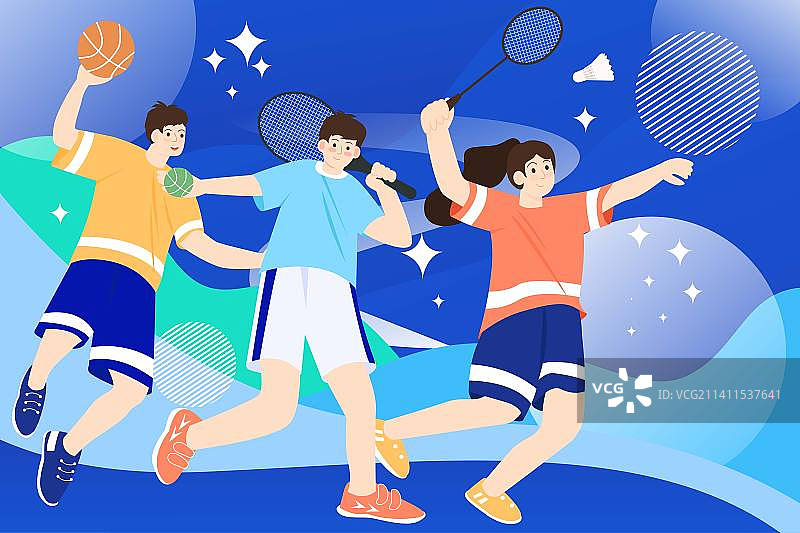 卡通节日运动会青年节世界杯大学生青年职工团队团建运动会竞赛运动健身训练锻炼扁篮球网球羽毛球矢量插画图片素材