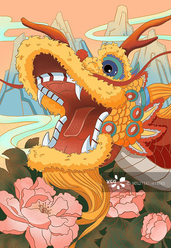 国潮 龙 牡丹 山水 舞龙 国朝海报图片素材