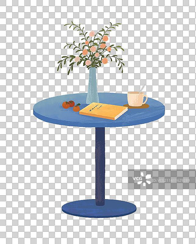 清新插画桌子和花瓶、书、茶杯图片素材