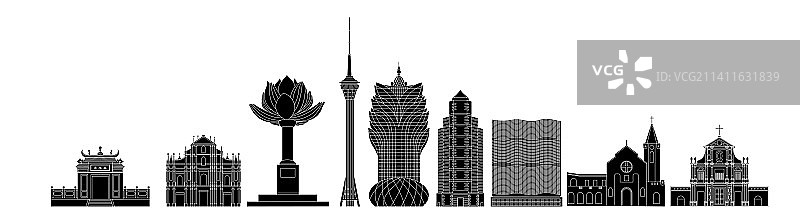 澳门地标建筑黑色矢量插画图片素材