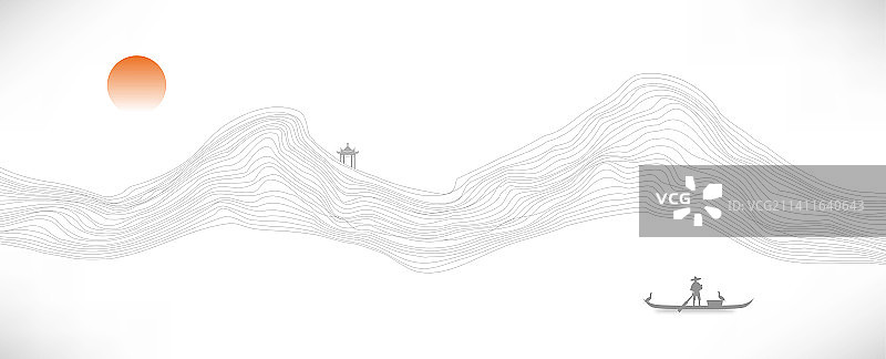 新中式创意国潮线描山水矢量画图片素材