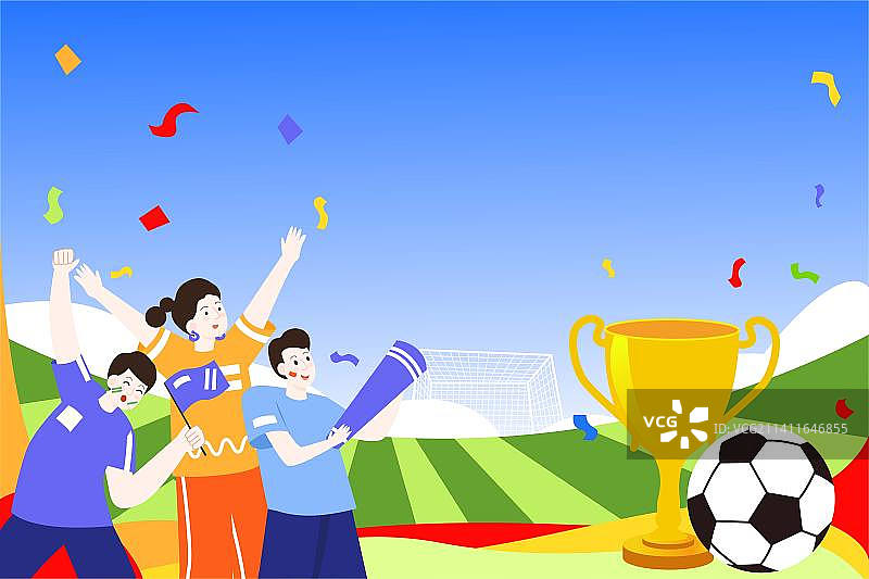 卡通节日世界杯足球场获胜冠军运动会粉丝球迷追星狂欢欢呼朋友聚会开心激情激动庆祝获胜扁平矢量插画图片素材
