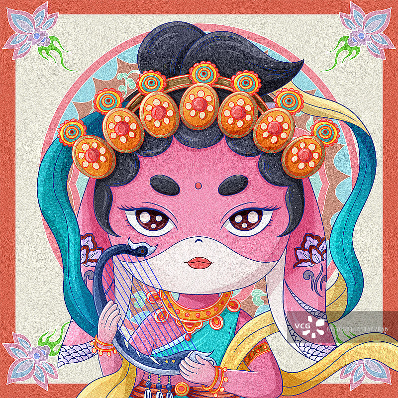 国潮风敦煌飞天乐者弹箜篌插画图片素材
