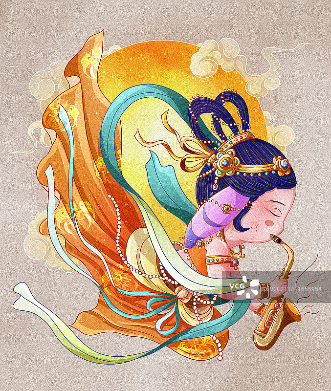 国潮风兔子敦煌飞天乐器吹萨克斯图片素材