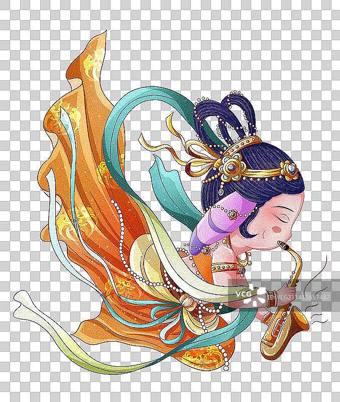 国潮风兔子敦煌飞天乐者吹萨克斯图片素材