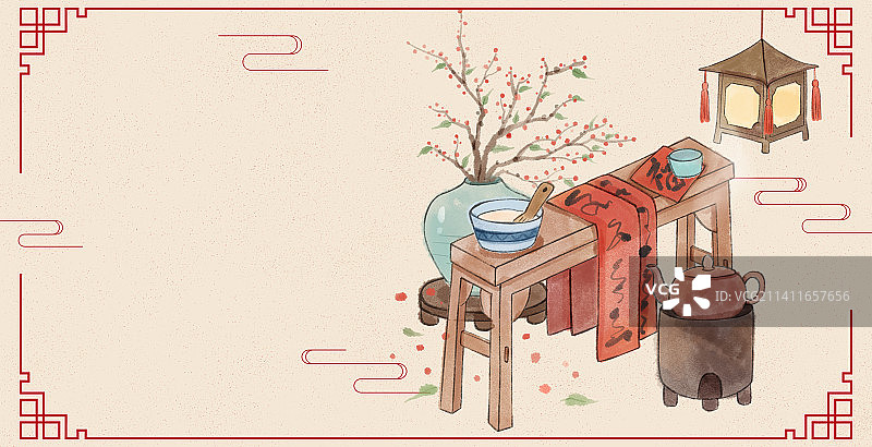 年俗大年三十贴春联插画图片素材