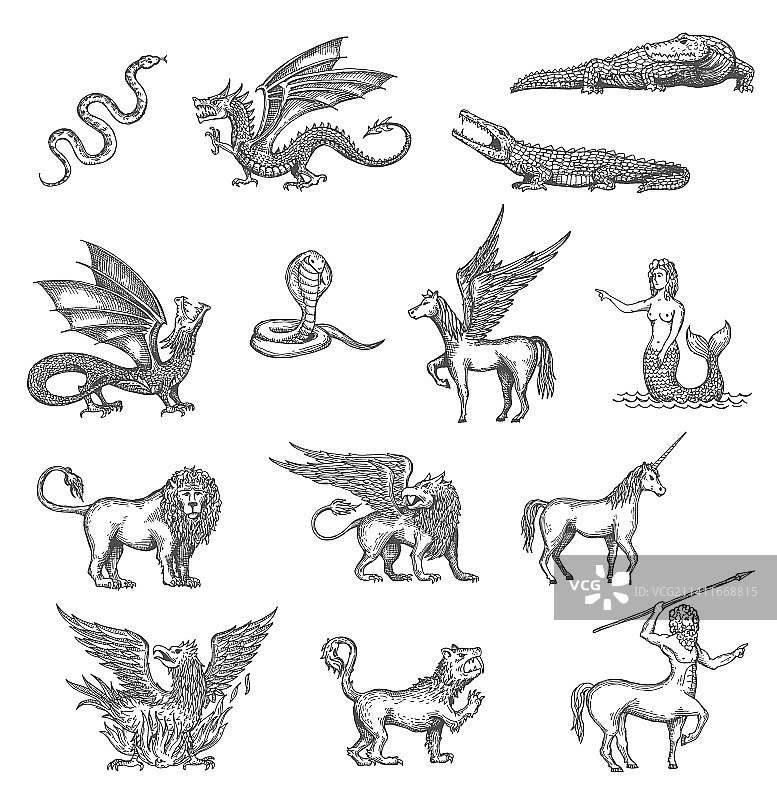 独角兽凤凰龙飞马动物素描图片素材