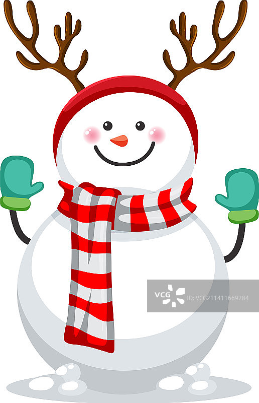 戴着红色围巾和鹿角的雪人图片素材