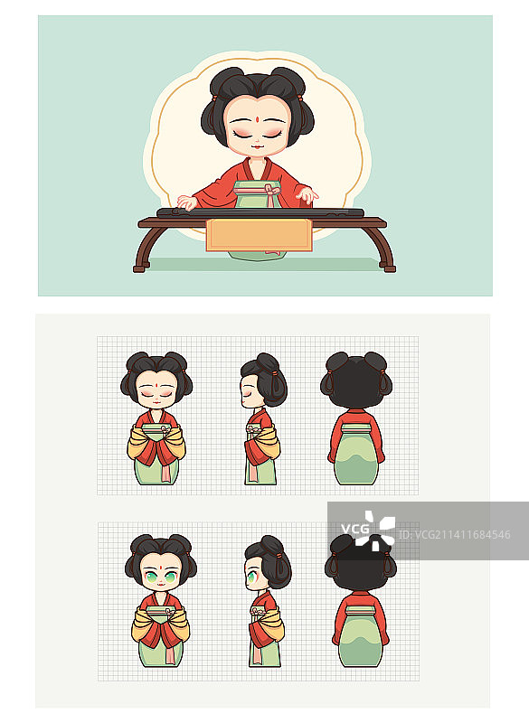 Q版卡通唐朝古代弹琴美女图片素材