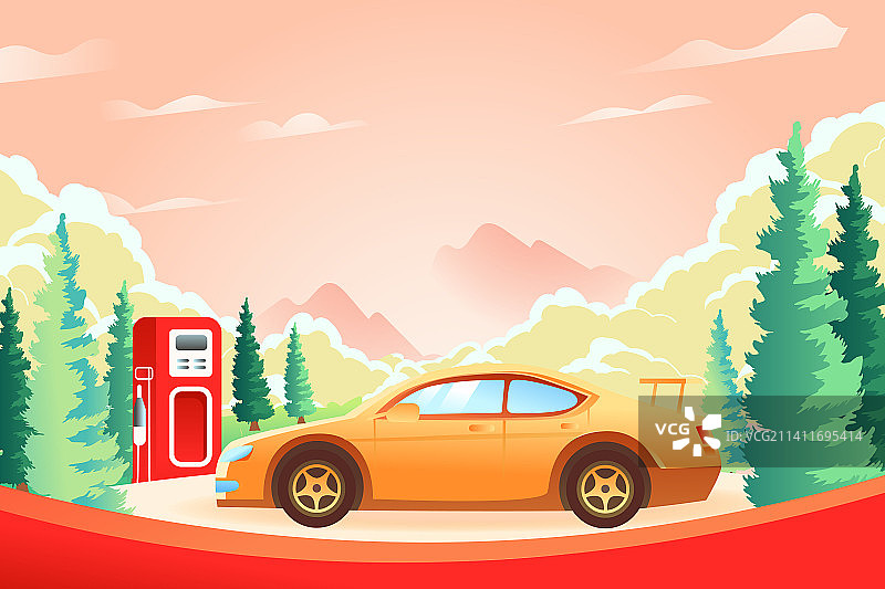 卡通加油汽车出行车主好礼送礼活动消费红包返现购物卡券消费券交通自驾游出游春季电商促销渐变矢量插画图片素材