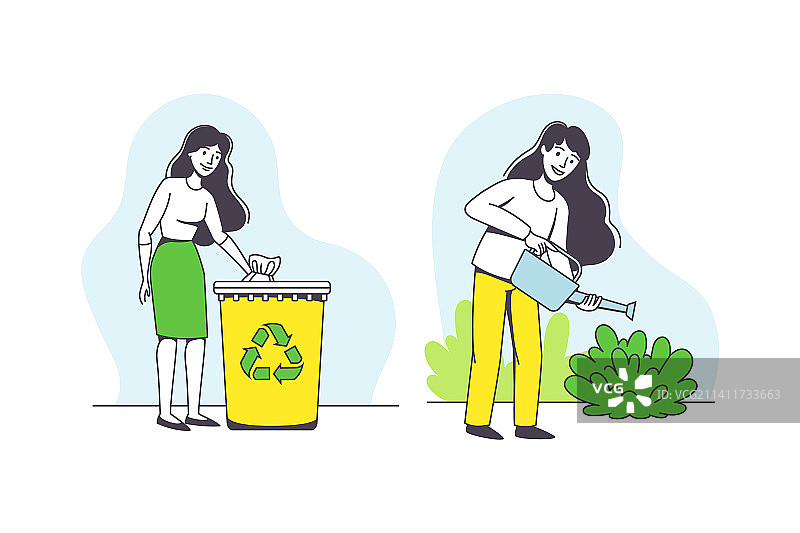 年轻女人浇花垃圾分类图片素材