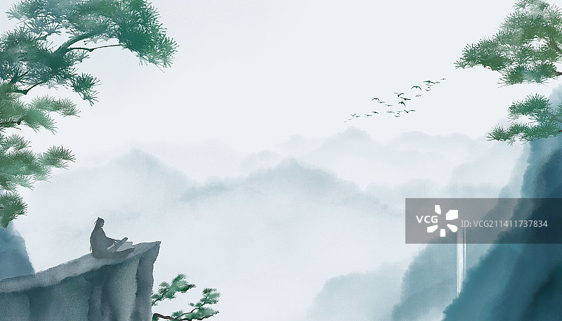 高山流水弹琴瀑布中国风插画图片素材